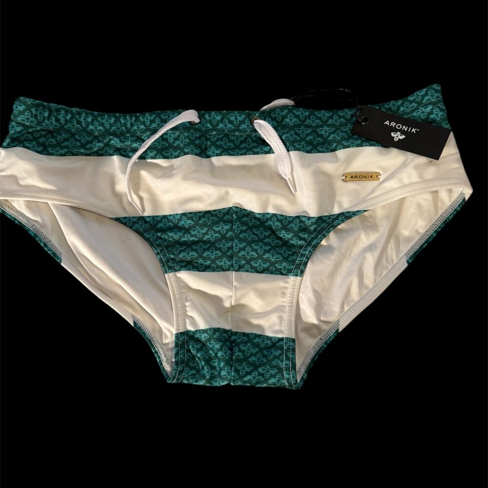 ARONIK SWIM BRIEF- S- L  CLASSIC COLLECTION! GREEN AND WHITE STRIPE. NEW W TAGS